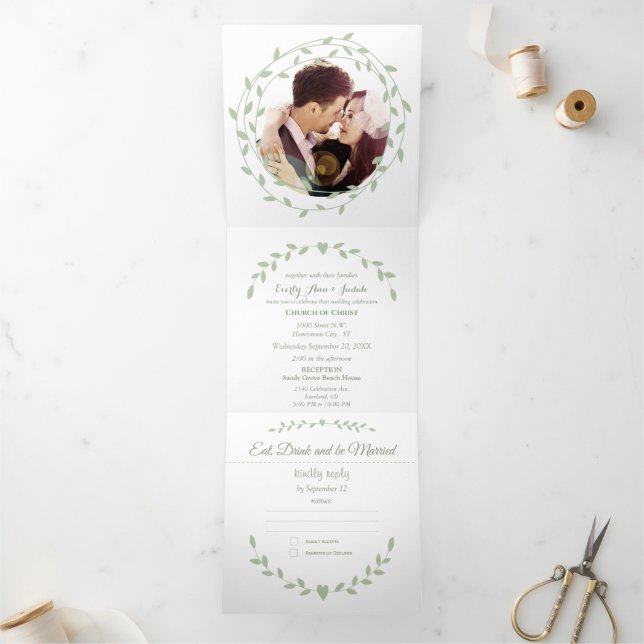 Invitation Trois Volets Mariage de cendres vert simple et moderne à trois  (Intérieur)