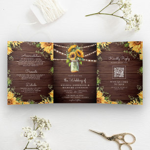 Invitation Trois Volets Mariage de code du Mason Jar QR en bois rustique