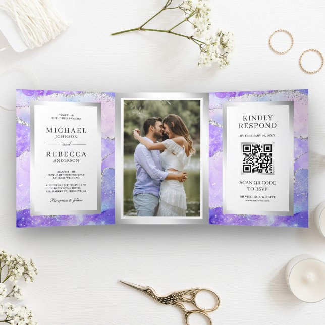 Invitation Trois Volets Mariage de code QR de marbre d'agate violet de lav (Créateur téléchargé)