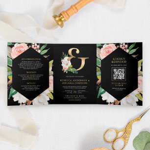 Invitation Trois Volets Mariage de code QR noir blanc rose floral