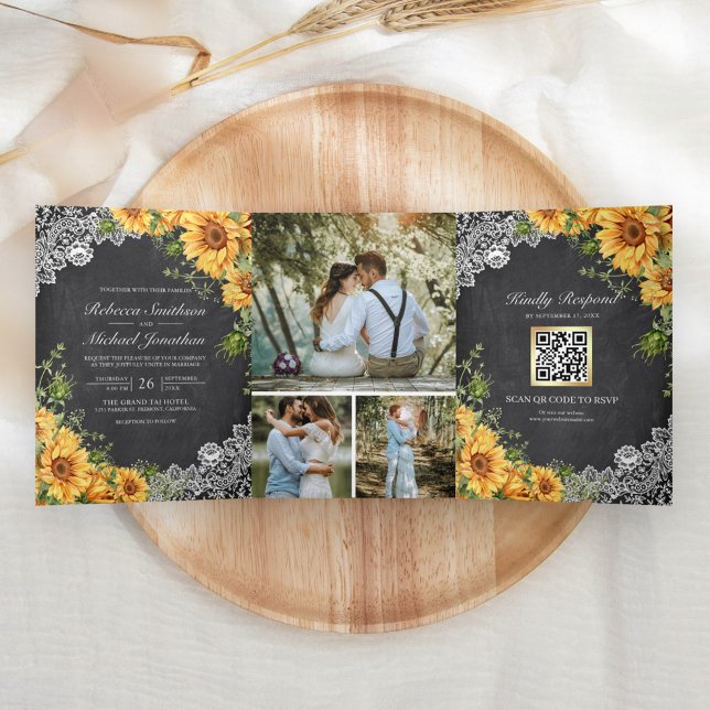 Invitation Trois Volets Mariage de code QR Rustique Chalkboard Lace Sunflo (Créateur téléchargé)