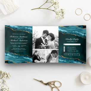 Invitation Trois Volets Mariage de collage photo turquoise et Gold Agate