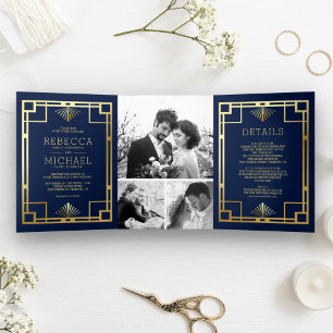 Invitation Trois Volets Mariage de collection photo Art déco bleu et or