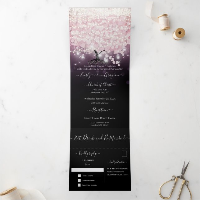 Invitation Trois Volets Mariage de feuille de coeur rose pâle (Intérieur)