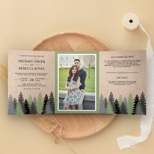 Invitation Trois Volets Mariage de forêt de pins en toile de jute rustique