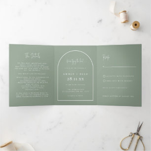 Invitation Trois Volets Mariage de jonction Arch moderne Sage vert Script