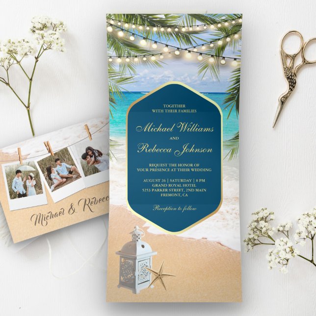 Invitation Trois Volets Mariage de lanterne Tropical Beach Palm (Créateur téléchargé)