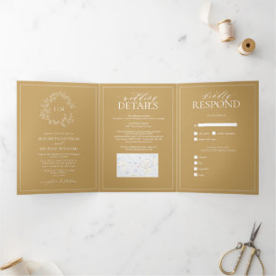 Invitation Trois Volets Mariage de monogramme de cime dorée