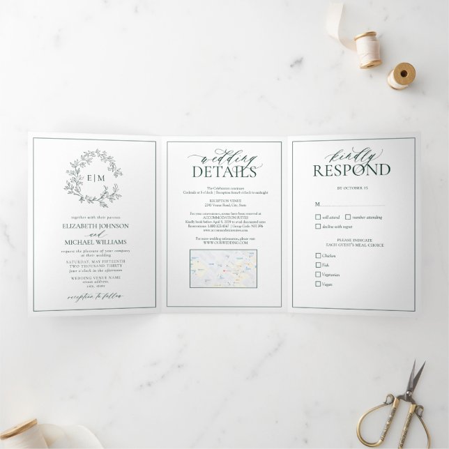 Invitation Trois Volets Mariage de monogramme Emerald Green Leafy Crest (Intérieur)