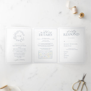Invitation Trois Volets Mariage de monogramme en poitrine bleue Dusty