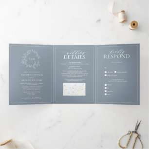 Invitation Trois Volets Mariage de monogramme en poitrine bleue Dusty