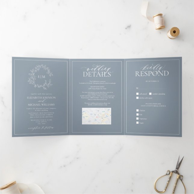 Invitation Trois Volets Mariage de monogramme en poitrine bleue Dusty (Intérieur)