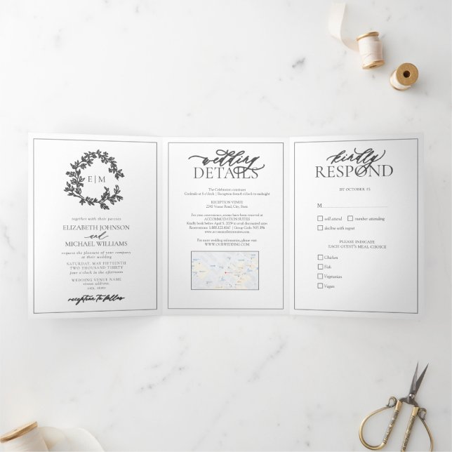 Invitation Trois Volets Mariage de monogramme gris moderne (Intérieur)