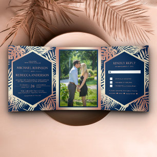 Invitation Trois Volets Mariage de palme tropicale bleu marine et Rose Gol