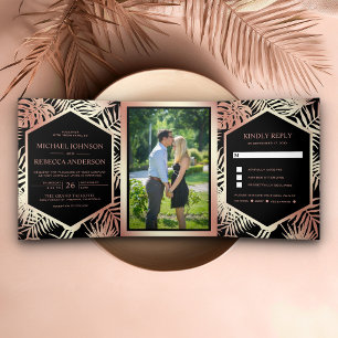 Invitation Trois Volets Mariage de palme tropicale noir et Rose Gold Foil