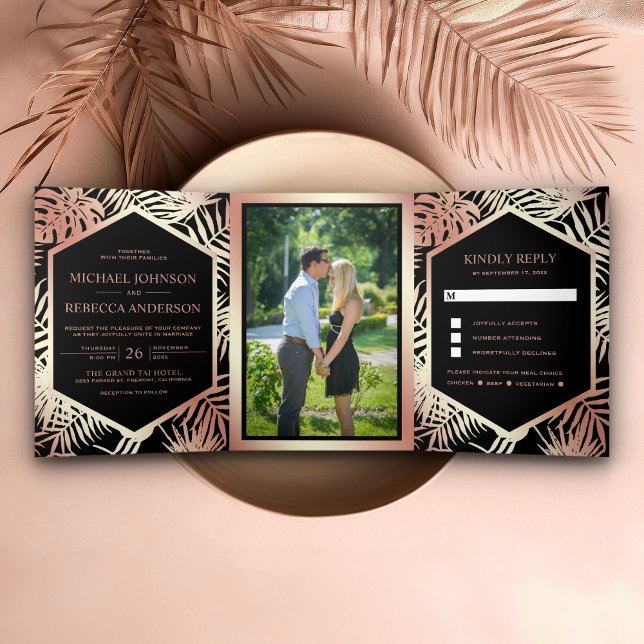 Invitation Trois Volets Mariage de palme tropicale noir et Rose Gold Foil (Créateur téléchargé)