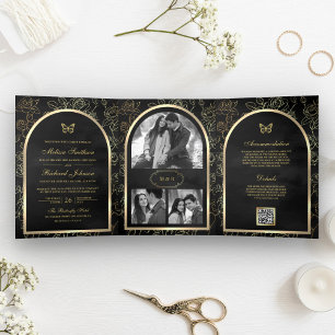 Invitation Trois Volets Mariage de papillon Arc d'or Black Line