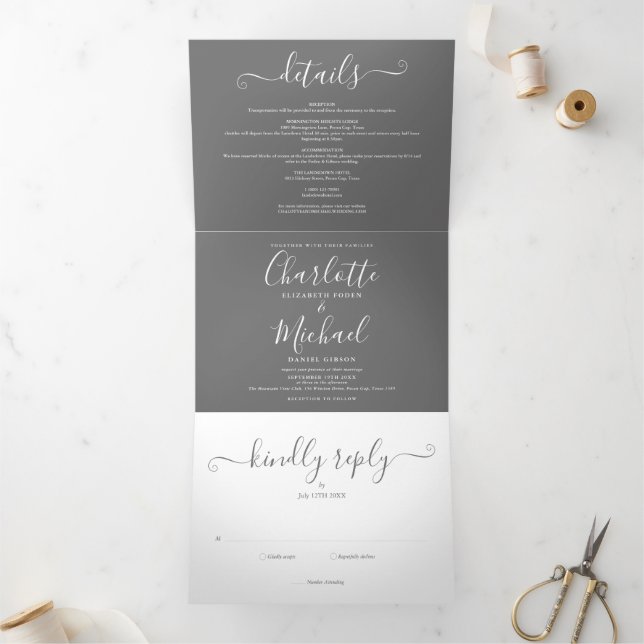 Invitation Trois Volets Mariage De Photo Gris Et Blanc Élégant Script (Intérieur)