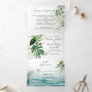 Invitation Trois Volets Mariage de plage Feuille tropicale