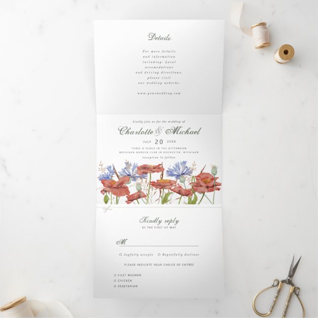 Invitation Trois Volets mariage de prairie fleur sauvage aquarelle (Intérieur)