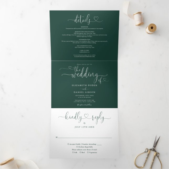 Invitation Trois Volets Mariage de script Emerald Green Heart (Intérieur)