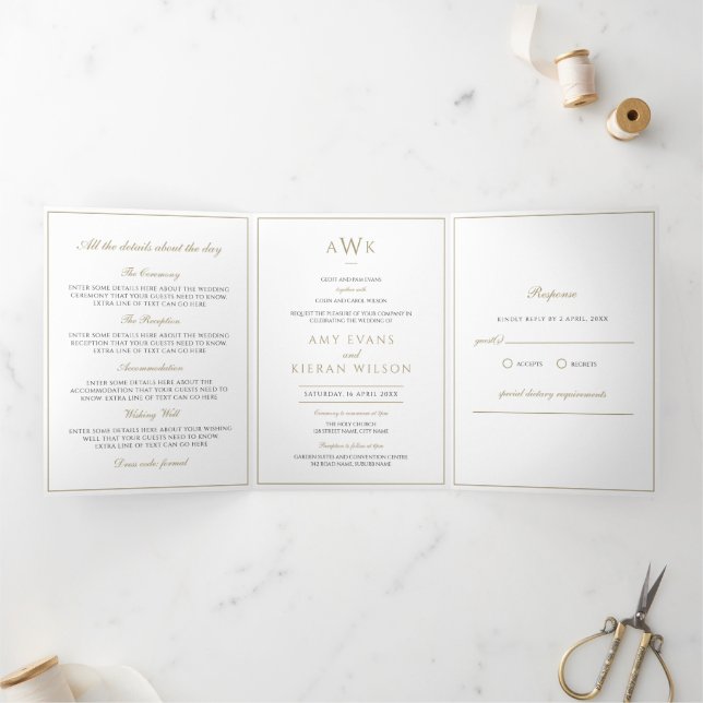 Invitation Trois Volets Mariage de script traditionnel Faux Gold (Intérieur)