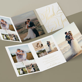 Invitation Trois Volets Mariage d'écriture d'or multiphoto