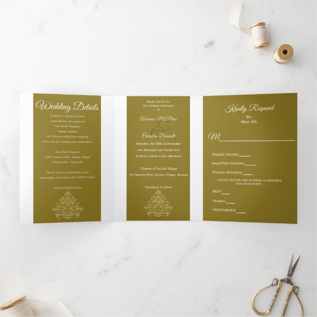 Invitation Trois Volets Mariage d'élégance dorée (Intérieur)
