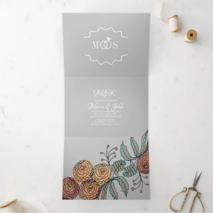 Invitation Trois Volets Mariage d'encre botanique moderne Carnation Floral