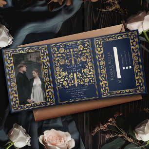Invitation Trois Volets Mariage d'épée médiévale bleu Royal