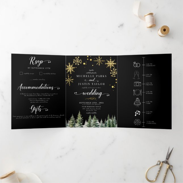 Invitation Trois Volets Mariage des pins sylvestres de Noël (Intérieur)