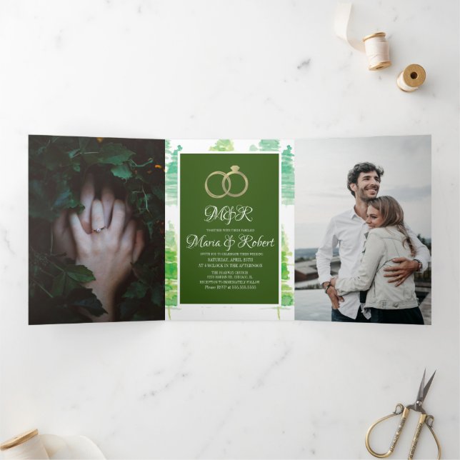 Invitation Trois Volets Mariage d'hiver moderne à l'aquarelle avec pins (Intérieur)