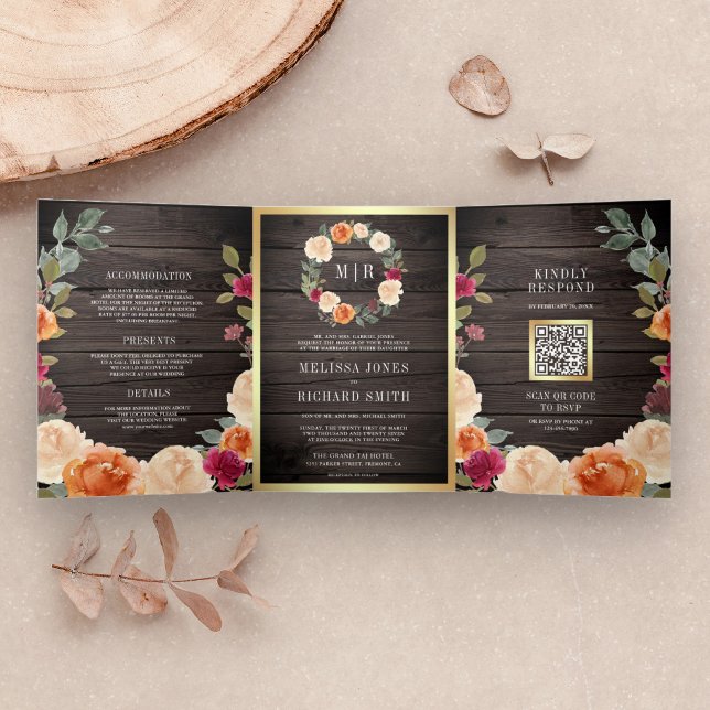 Invitation Trois Volets Mariage du code QR de la couronne de fleurs en boi (Créateur téléchargé)