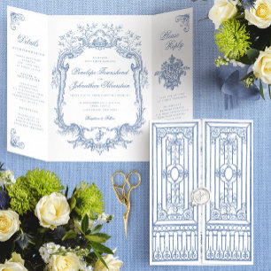 Invitation Trois Volets Mariage Élégant à la Porte Bleue Poussiéreuse Vint
