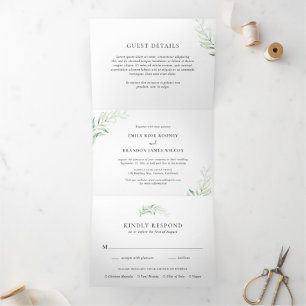 Invitation Trois Volets Mariage élégant au vert sauge et eucalyptus