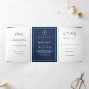 Invitation Trois Volets Mariage Élégant Bleu Marine Traditionnel