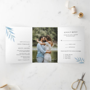 Invitation Trois Volets Mariage Élégant Botanique Poussiéreux Bleu Rustiqu