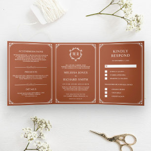 Invitation Trois Volets Mariage Élégant Classique Monogramme en Terracotta