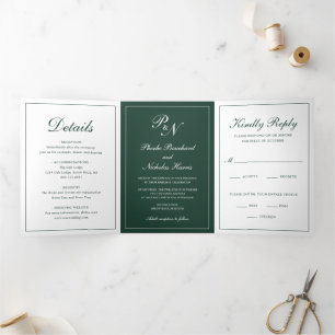 Invitation Trois Volets Mariage Élégant Classique Vert Forêt
