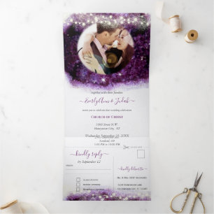 Invitation Trois Volets Mariage Élégant Cristal de Géode d'Améthyste Viole