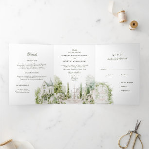 Invitation Trois Volets Mariage élégant dans un jardin de manoir à l'aquar