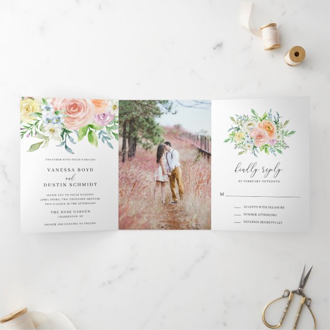 Invitation Trois Volets Mariage élégant et floral moderne Peach (Intérieur)
