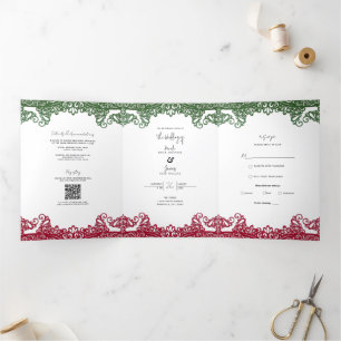 Invitation Trois Volets Mariage Élégant Fiesta Vert et Rouge