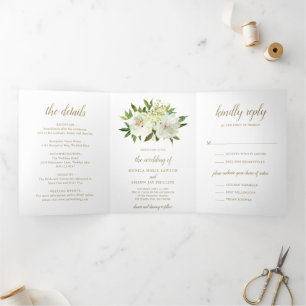 Invitation Trois Volets Mariage élégant moderne floral or blanc