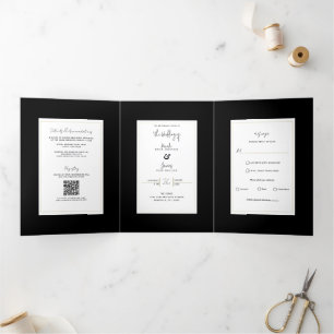 Invitation Trois Volets Mariage Élégant Moderne Minimaliste Or Noir Blanc