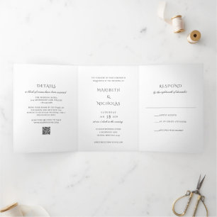 Invitation Trois Volets Mariage élégant noir et blanc avec code QR moderne