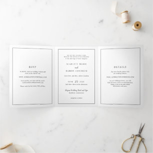 Invitation Trois Volets Mariage élégant noir et blanc intemporel