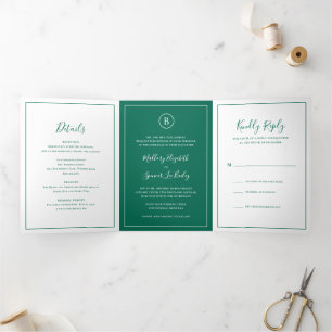 Invitation Trois Volets Mariage élégant traditionnel vert émeraude