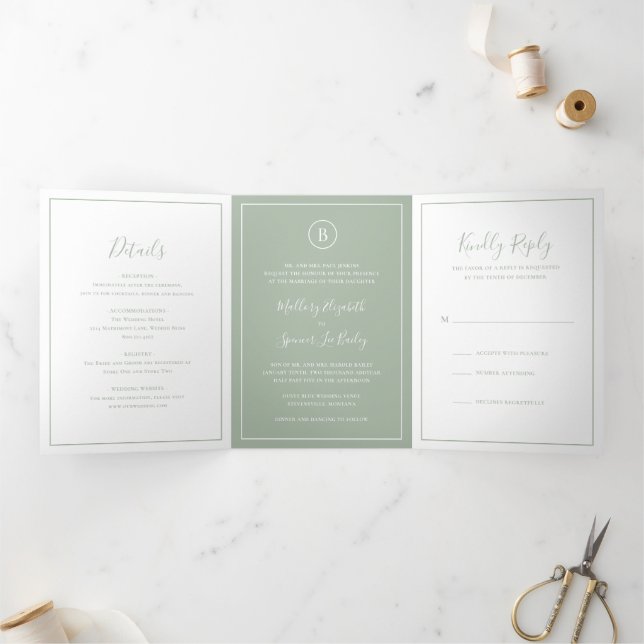 Invitation Trois Volets Mariage élégant traditionnel vert Sage (Intérieur)