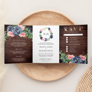 Invitation Trois Volets Mariage en bois de grange floral bleu marine et ro